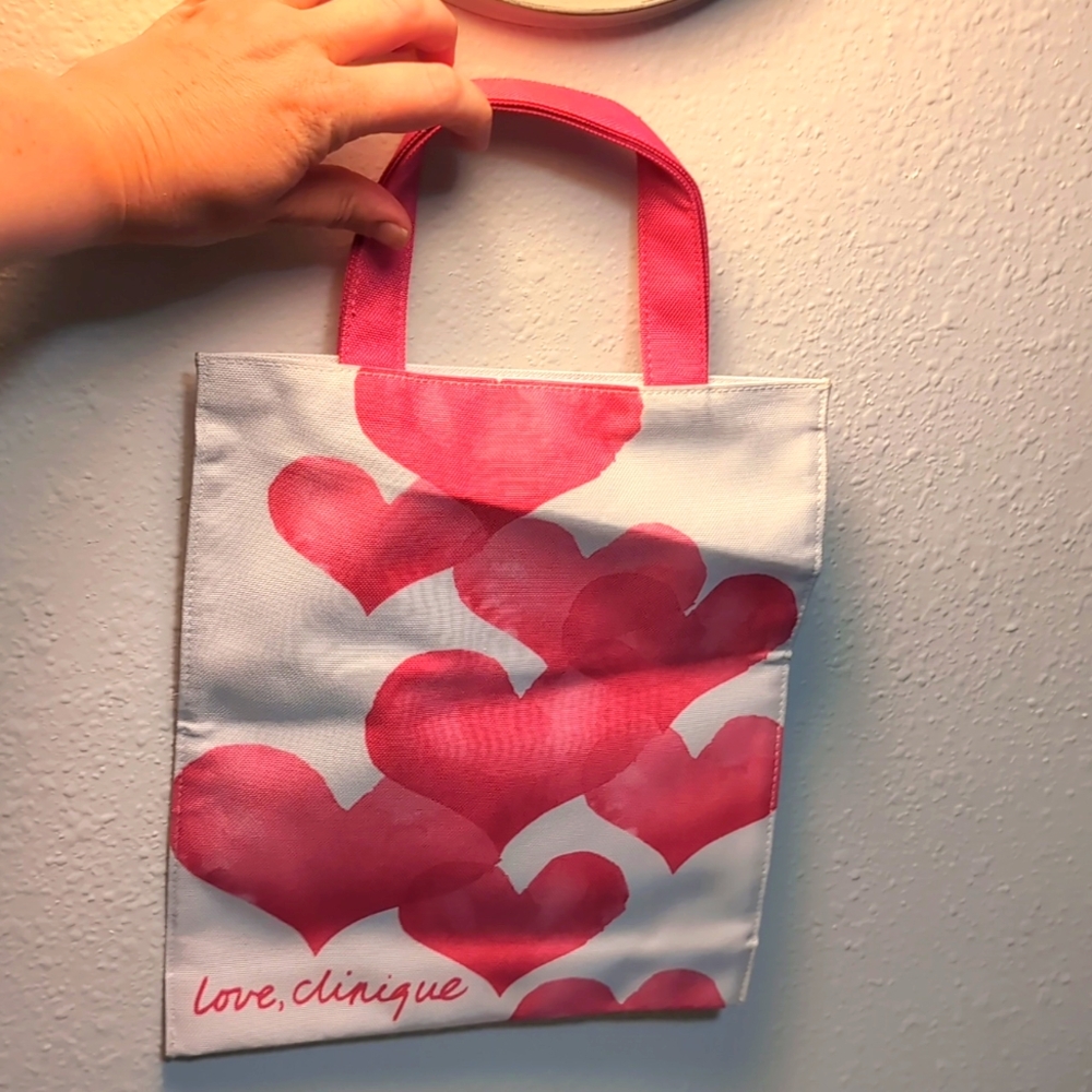 Clinique Pink Heart Pattern White Tote Bag